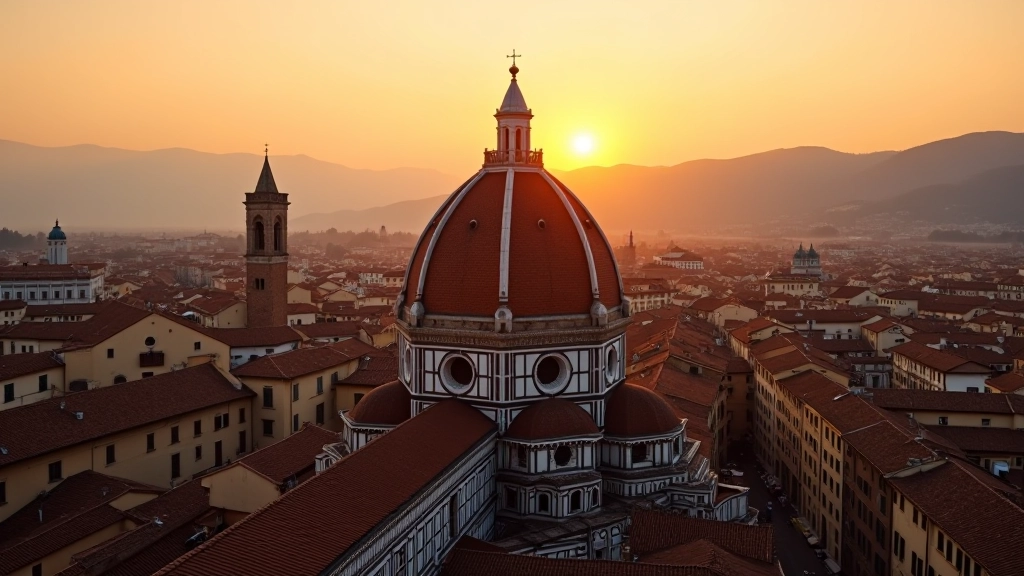 Vista aerea della cupola di Santa Maria del Fiore a Firenze con la città sottostante al tramonto