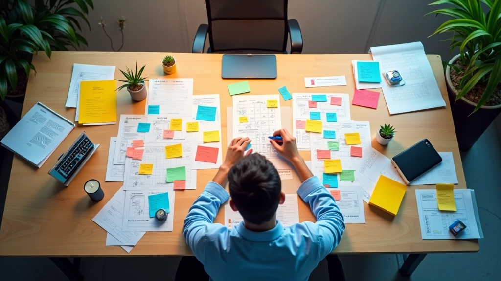 Professionista che sviluppa idee creative con mappe mentali e brainstorming in ambiente moderno