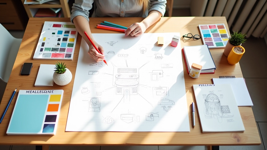 Tavolo di lavoro con schizzi, colori e materiali per design thinking e innovazione