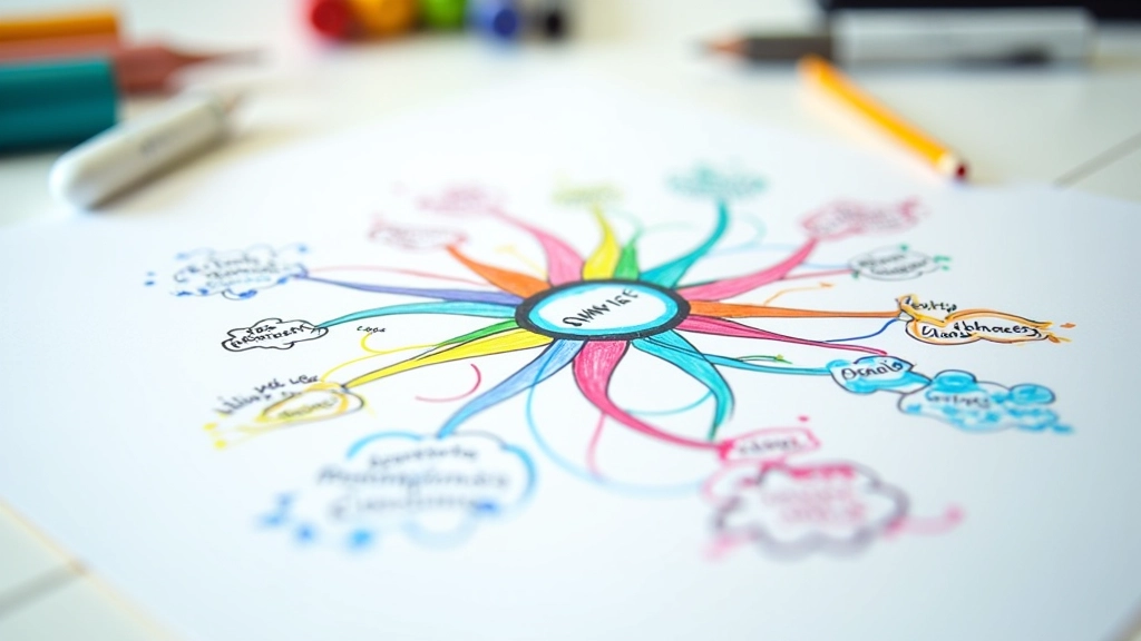Mappa mentale colorata disegnata a mano con tema centrale e rami che si diramano in tutte le direzioni