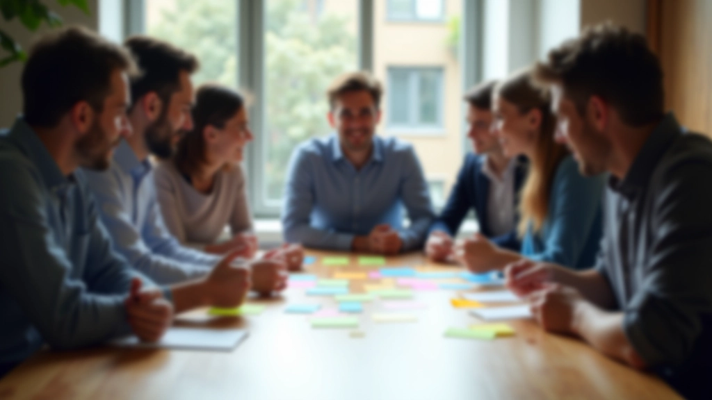 Tavolo di riunione con persone che scrivono su post-it gialli e blu durante una sessione di brainstorming