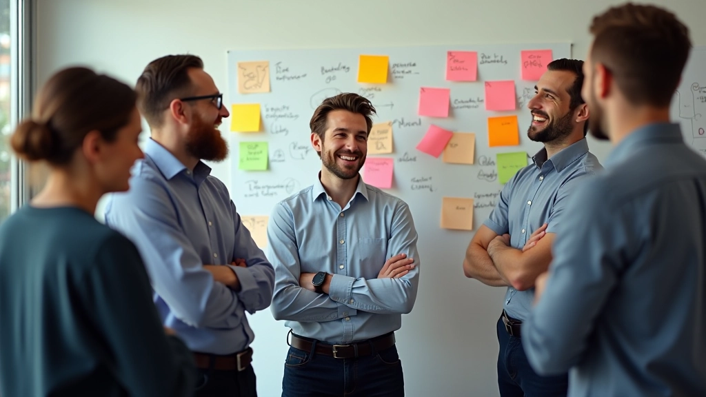 Riunione di team che discute risultati di design thinking con post-it e schizzi su un muro