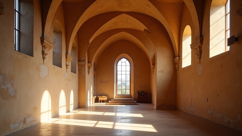 Interno di una chiesa rinascimentale con volta a botte, luce naturale che crea ombre geometriche