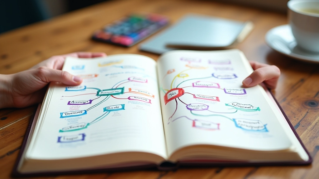 Blocco note con mappa mentale disegnata a mano con colori vivaci e ramificazioni