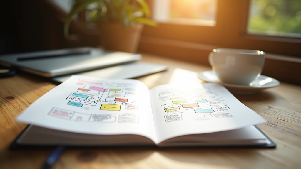 Quaderno aperto con schizzi e mappe mentali colorate su tavolo di legno