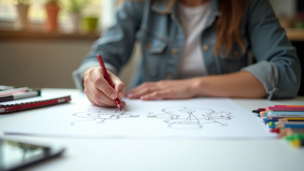 Persona che disegna una mappa mentale su un grande foglio bianco circondato da penne colorate e appunti