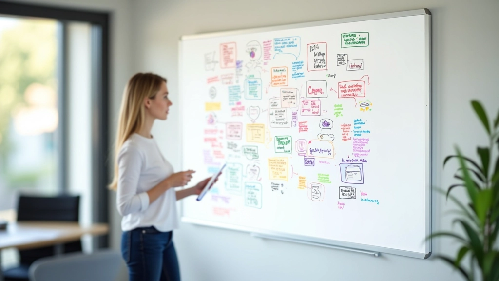 Persone in riunione attorno a una lavagna bianca con diagrammi e frecce colorate disegnate