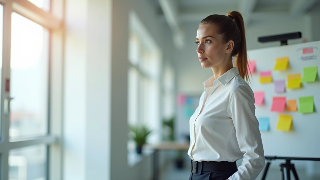 Professionista donna in ufficio moderno che scrive su lavagna con post-it colorati