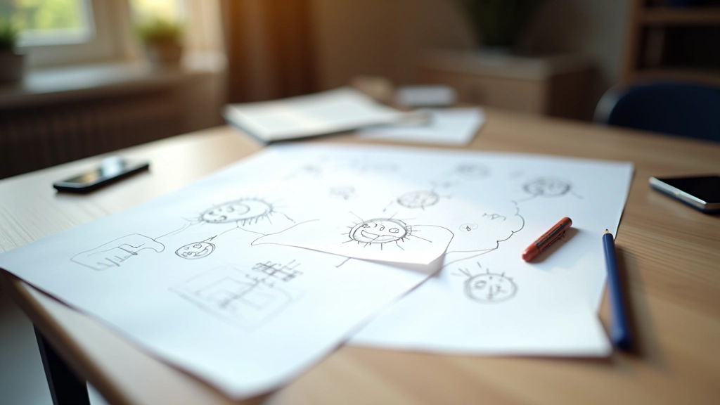 Schizzi e note scritte a mano su fogli bianchi, rappresentando il processo di ideazione creativa