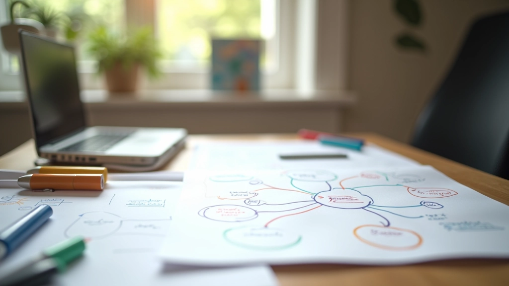 Scrivania con penne colorate e fogli con mappe mentali disegnate a mano